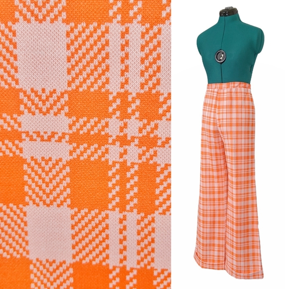 1970s High Waisted Vintage BellBottoms Flares Pants Orange Plaid Medium Trousers - Picture 4 of 6
